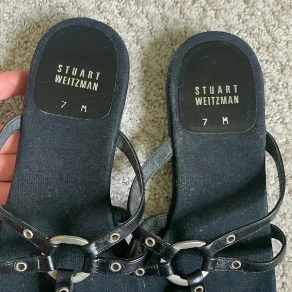 Stuart Weitzman Black Flat Sandals with silver metal accents - Picture 3 of 9
